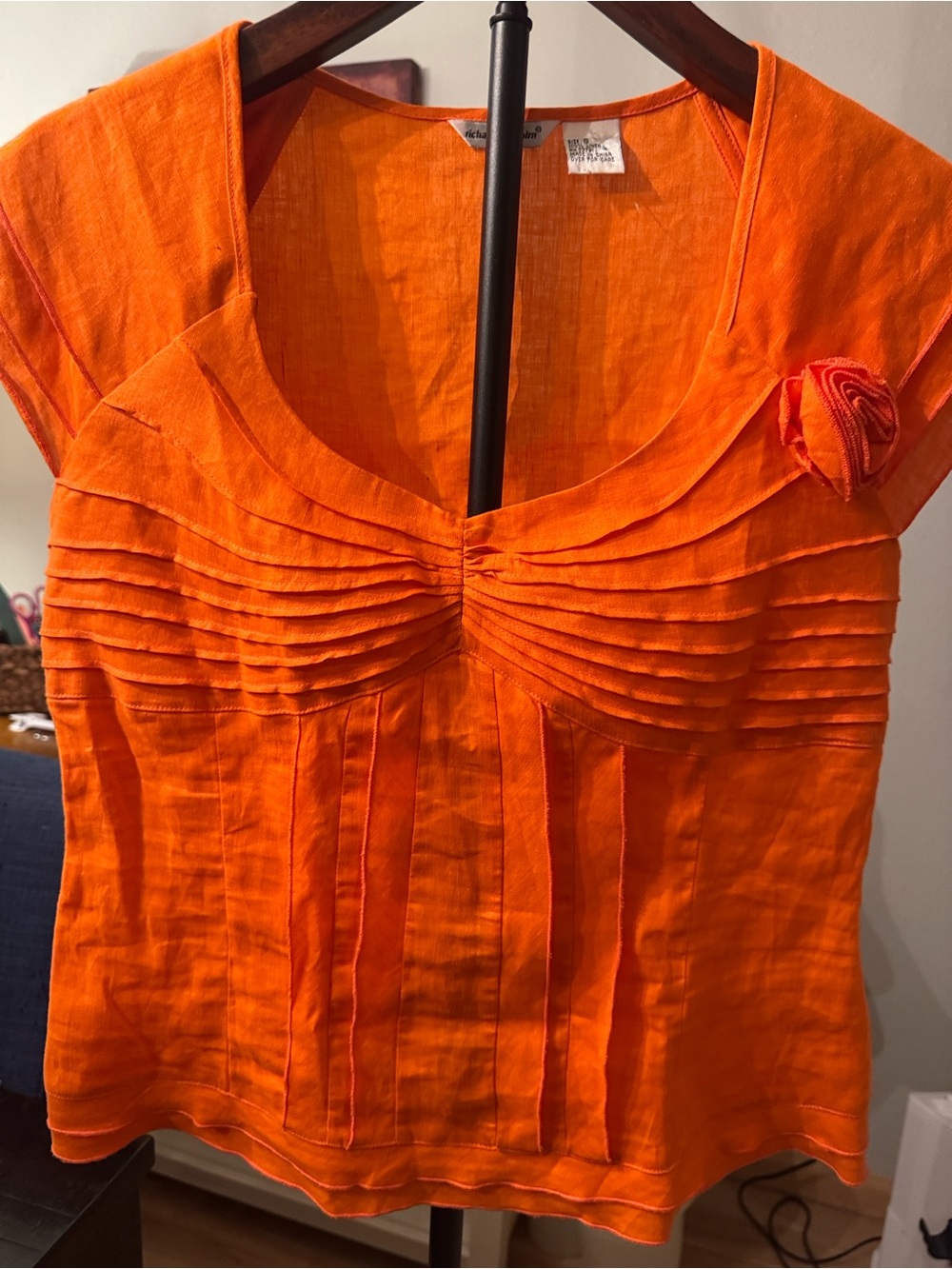 Bright Orange Linen Women's Scoop Neck Pleated Top Sz S